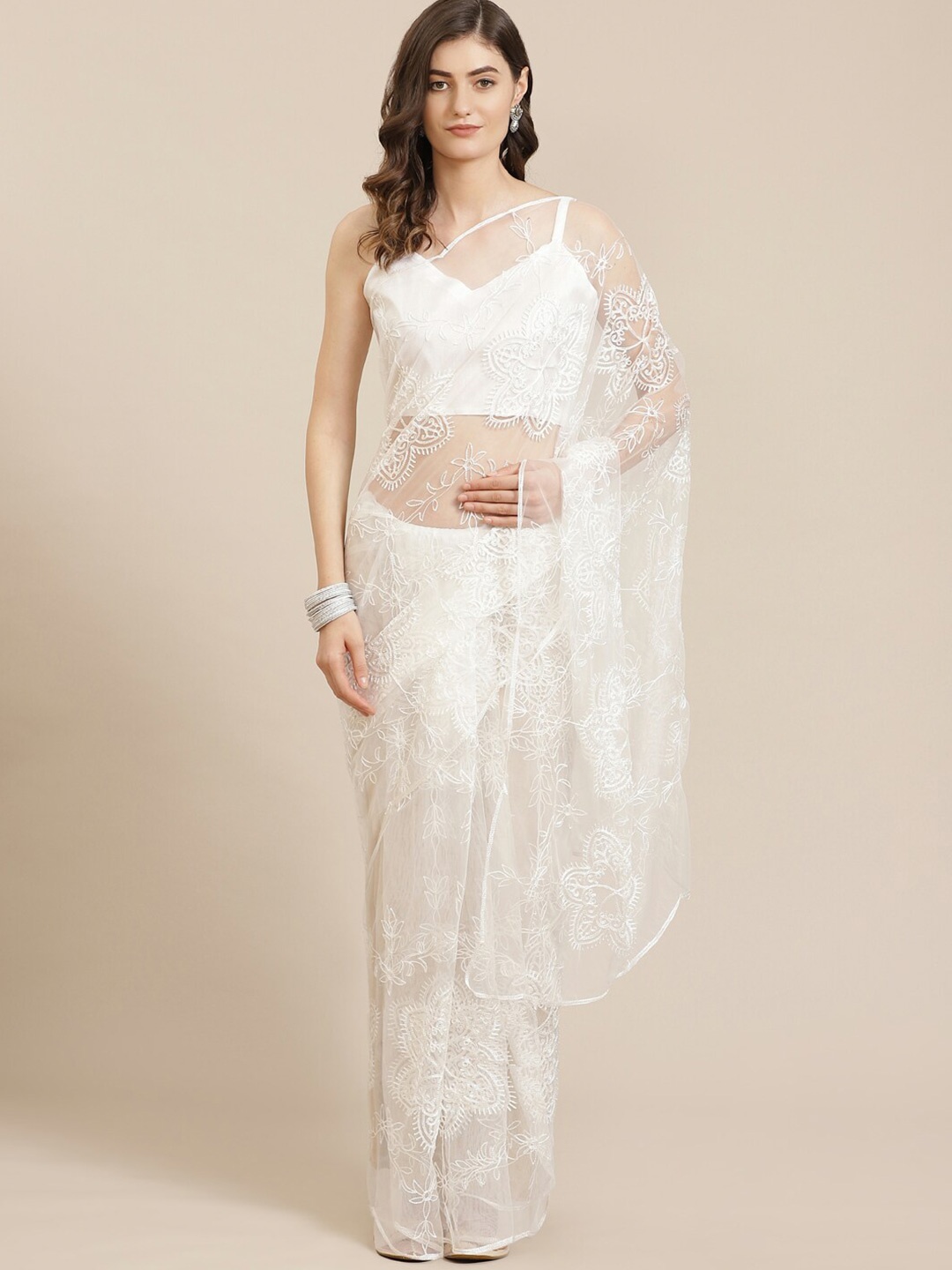 

Mitera White Floral Embroidered Net Saree