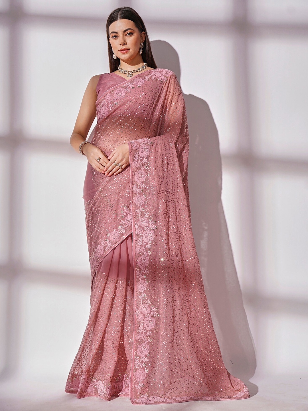 

Mitera Sequin Embellished Pure Georgette Saree, Pink