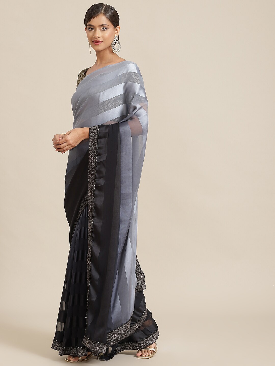 

Mitera Grey Melange & Black Striped Pure Georgette Saree
