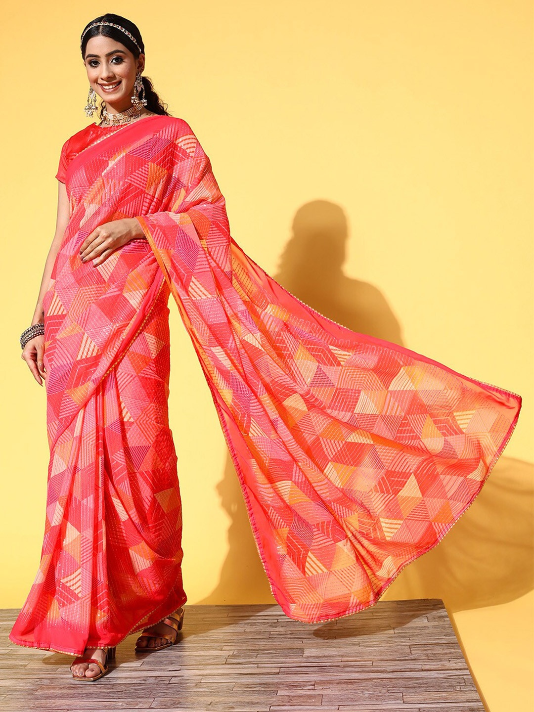 

Mitera Pink & Yellow Embellished Sequinned Saree