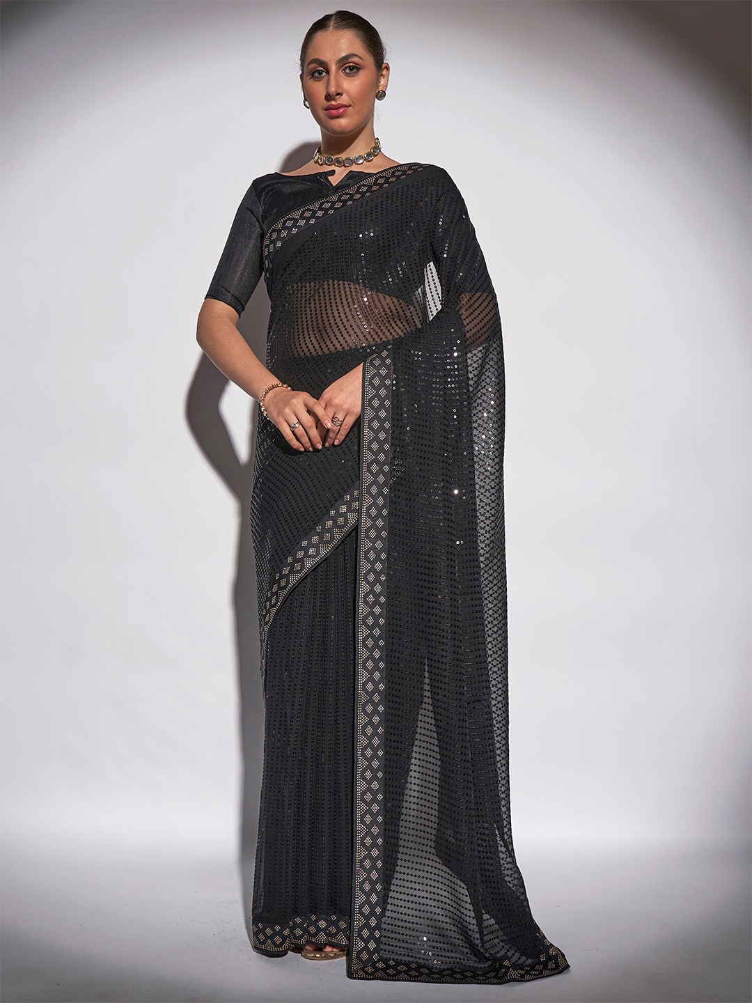 

Mitera Black & Gold-Toned Embellished Sequinned Party Pure Georgette Saree