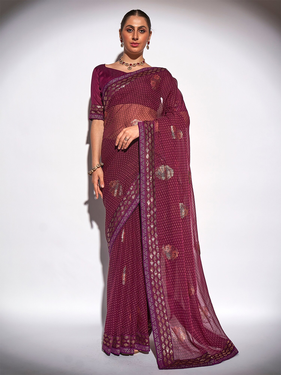 Mitera Purple Floral Woven Design Sequinned Saree