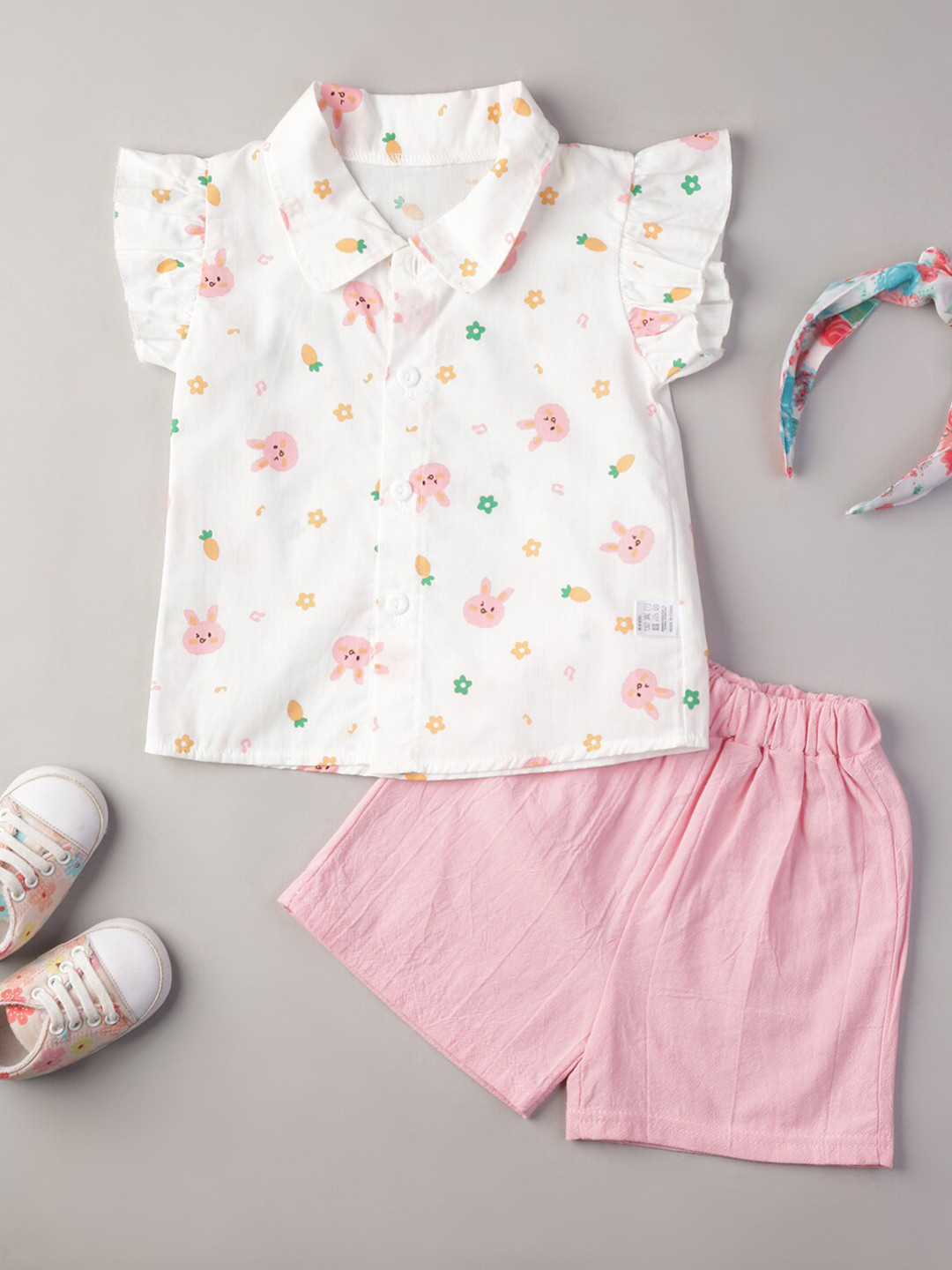 

Bold N Elegant Girls Printed Shirt Collar Pure Cotton T-shirt with Shorts, Pink