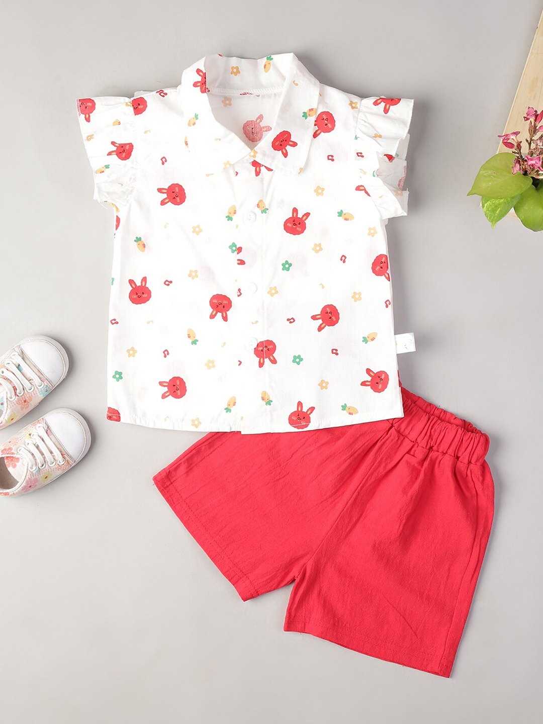 

Bold N Elegant Girls Conversational Printed Pure Cotton Shirt with Shorts, Red