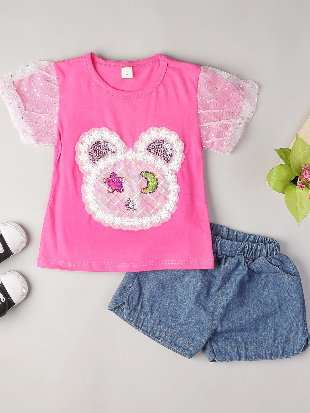 

Bold N Elegant Girls Embellished Round Neck Top with Shorts, Fuchsia