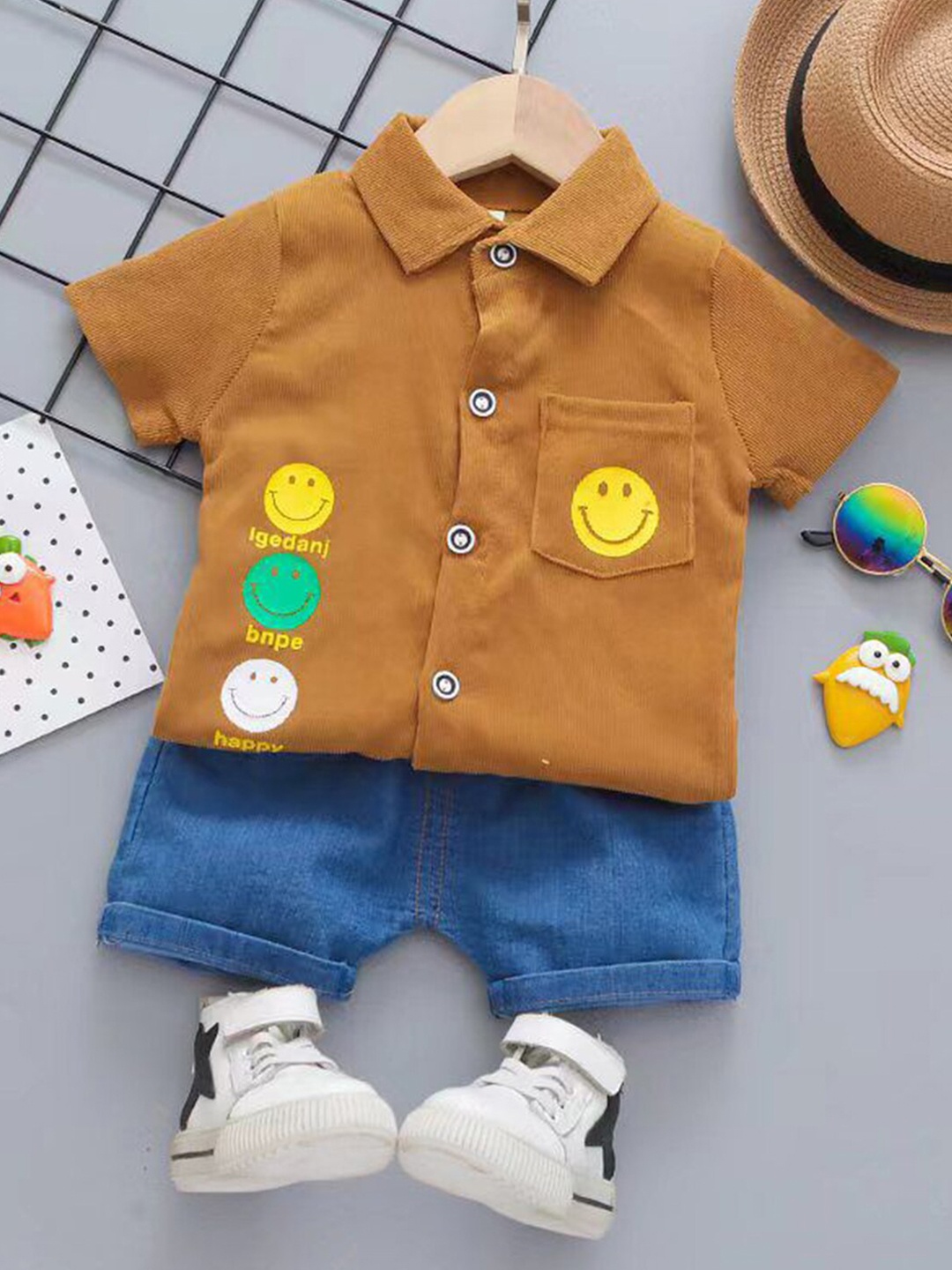 

Bold N Elegant Boys Graphic Printed Corduroy Shirt with Shorts, Brown