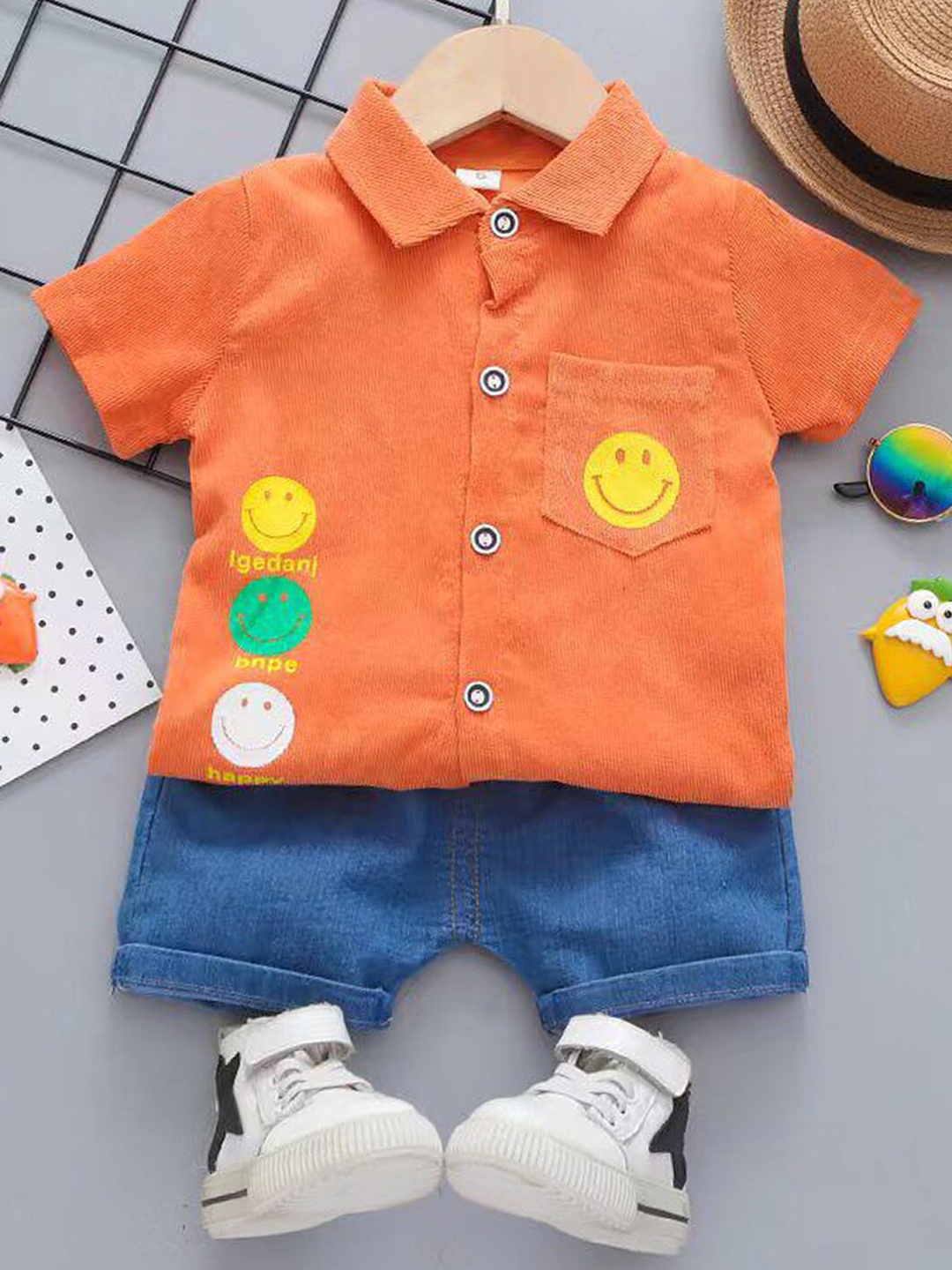 

Bold N Elegant Boys Printed Shirt Collar Shirt With Shorts, Orange