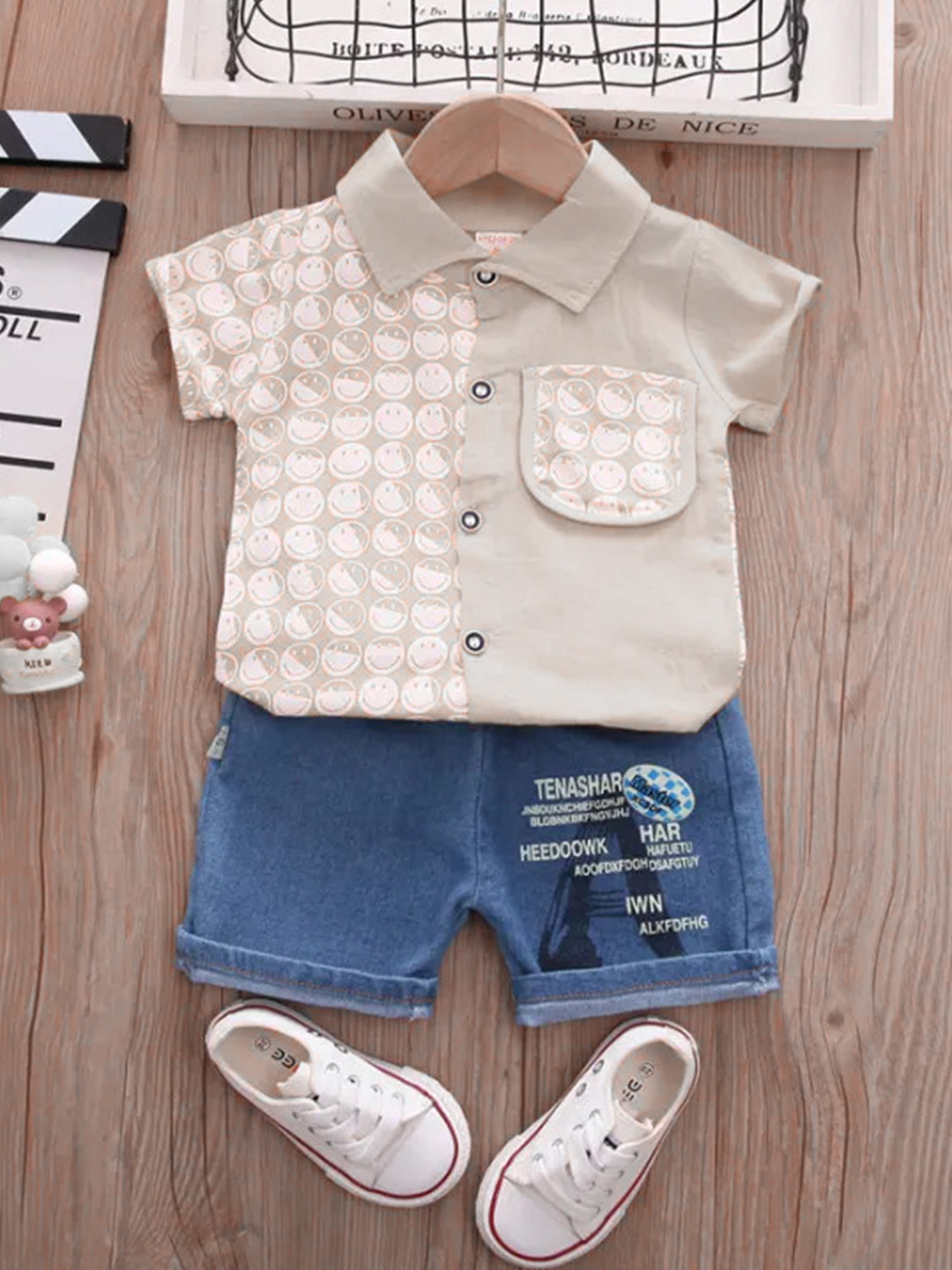 

Bold N Elegant Boys White & Blue Printed Shirt with Shorts