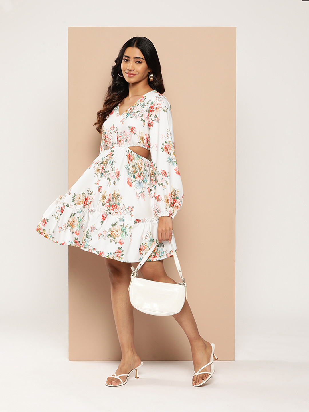 

HERE&NOW Floral Print Cut-Out Detail A-Line Dress, White