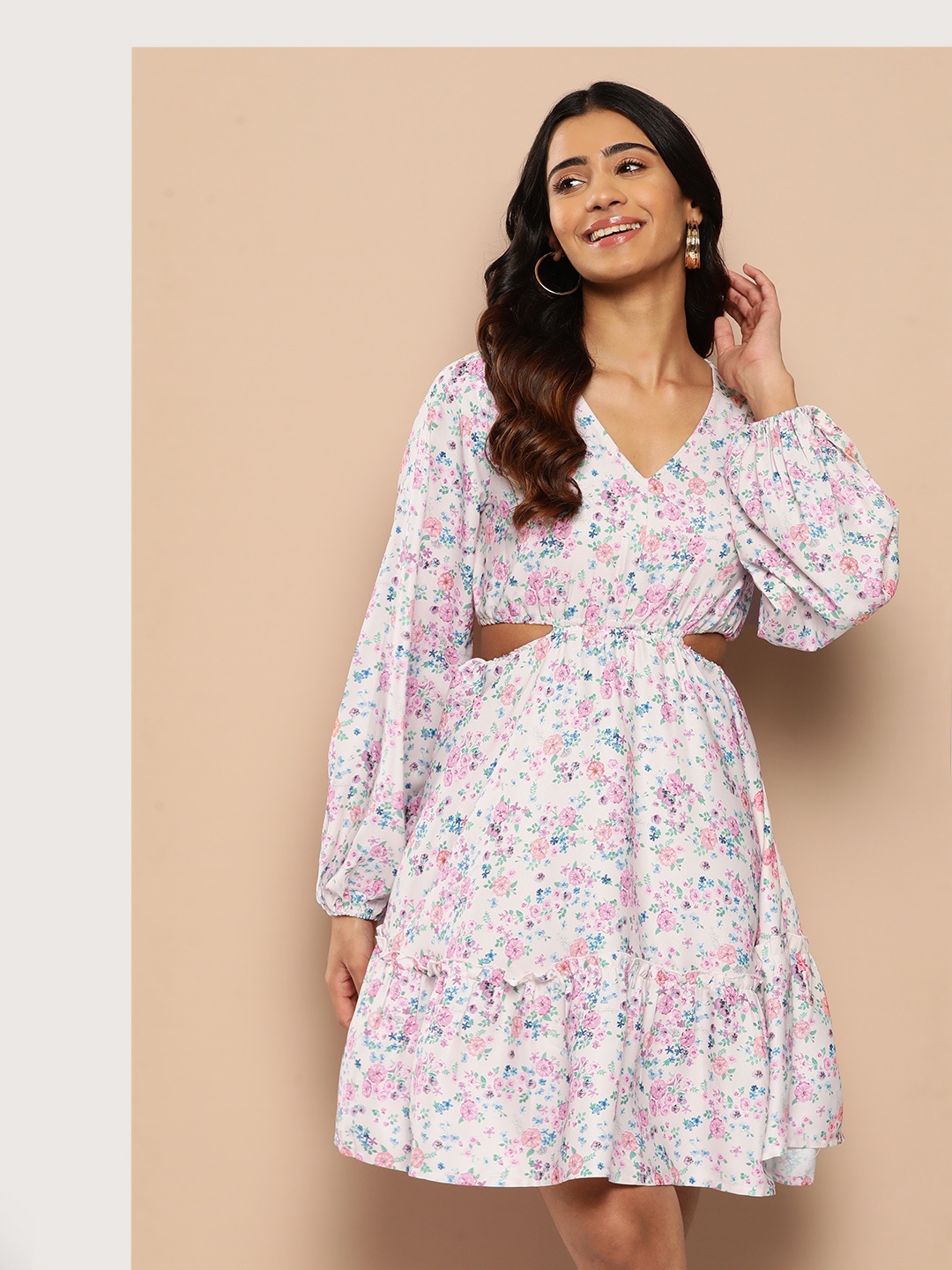 

HERE&NOW Floral Print Cut-Out Detail A-Line Dress, Pink