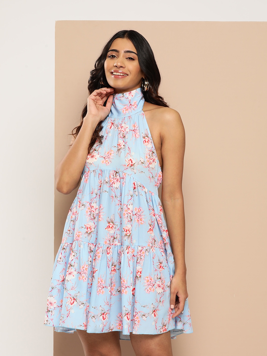 

HERE&NOW Floral Print Halter Neck Backless A-Line Dress, Blue