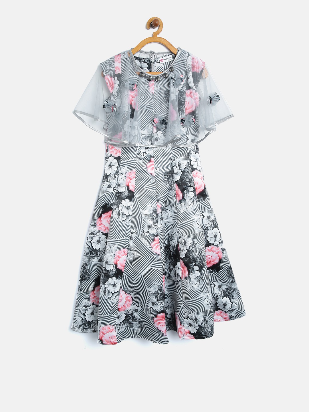 

Peppermint Girls Grey Floral Print Fit & Flare Dress