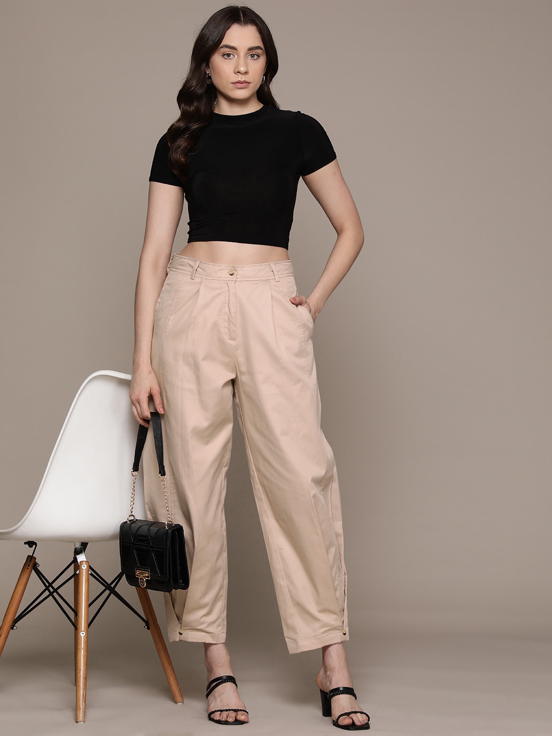 

Moda Rapido Women Pure Cotton Cropped Trousers, Beige