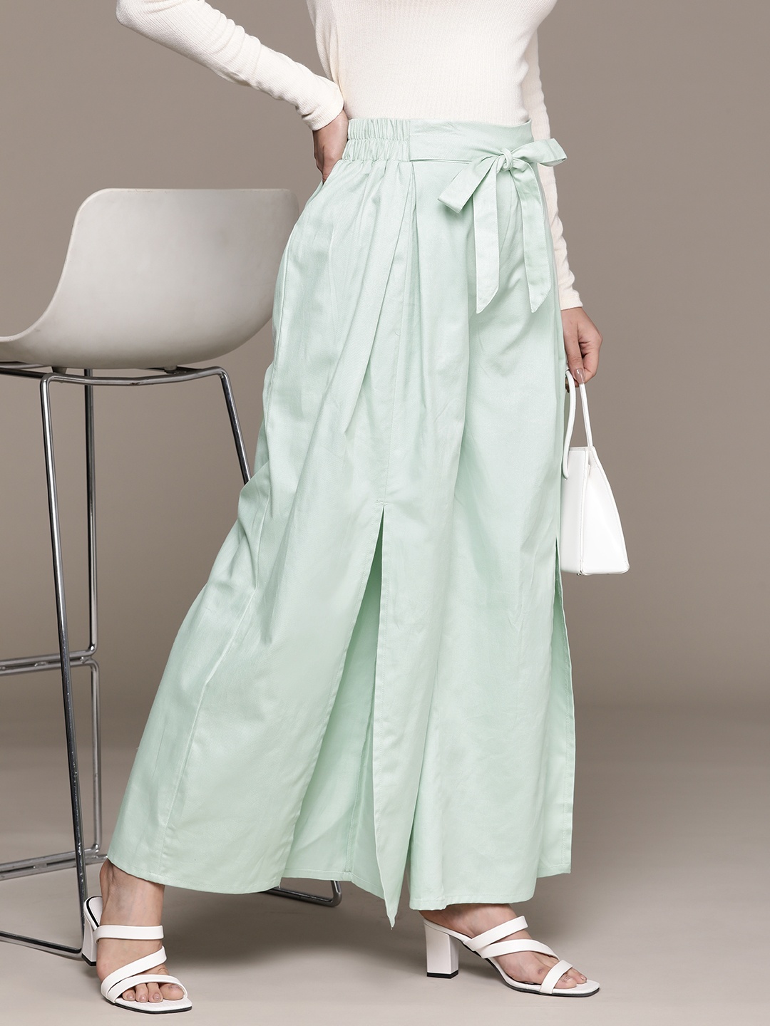 

Moda Rapido Women High-Slit Pleated Cotton Flared Palazzos, Sea green