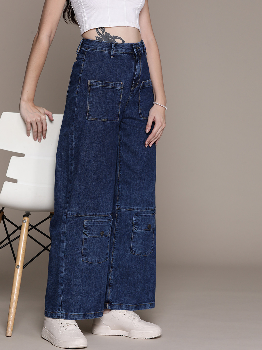 

Moda Rapido Women Wide Leg Stretchable Cargos, Navy blue