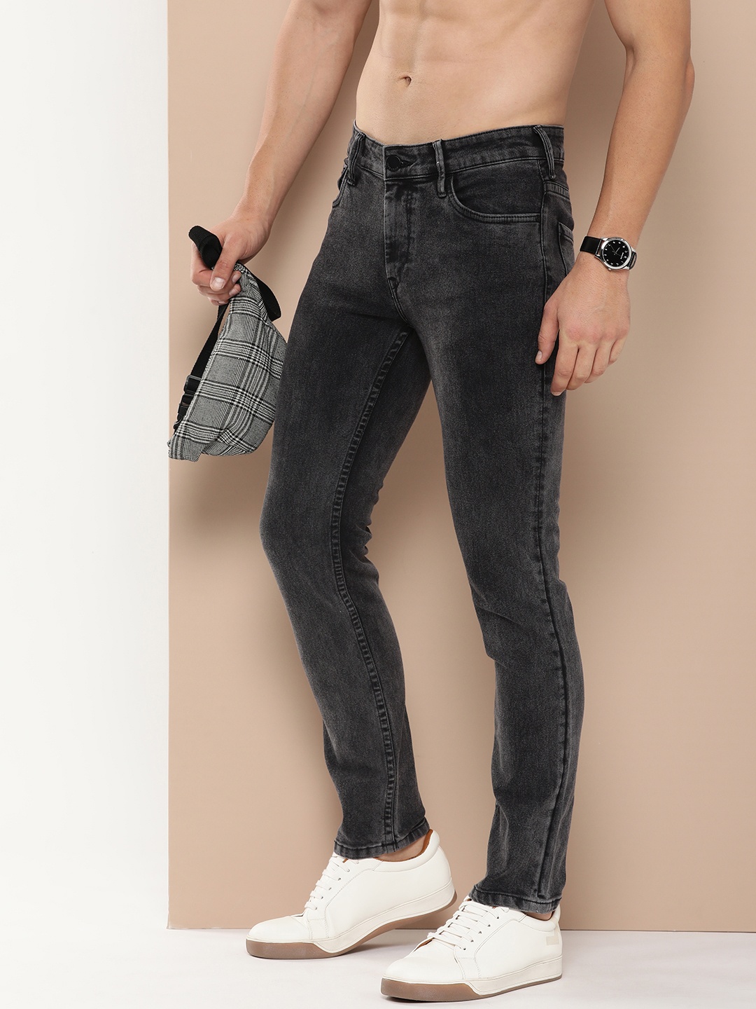 

HERE&NOW Men Slim Fit Light Fade Stretchable Jeans, Charcoal