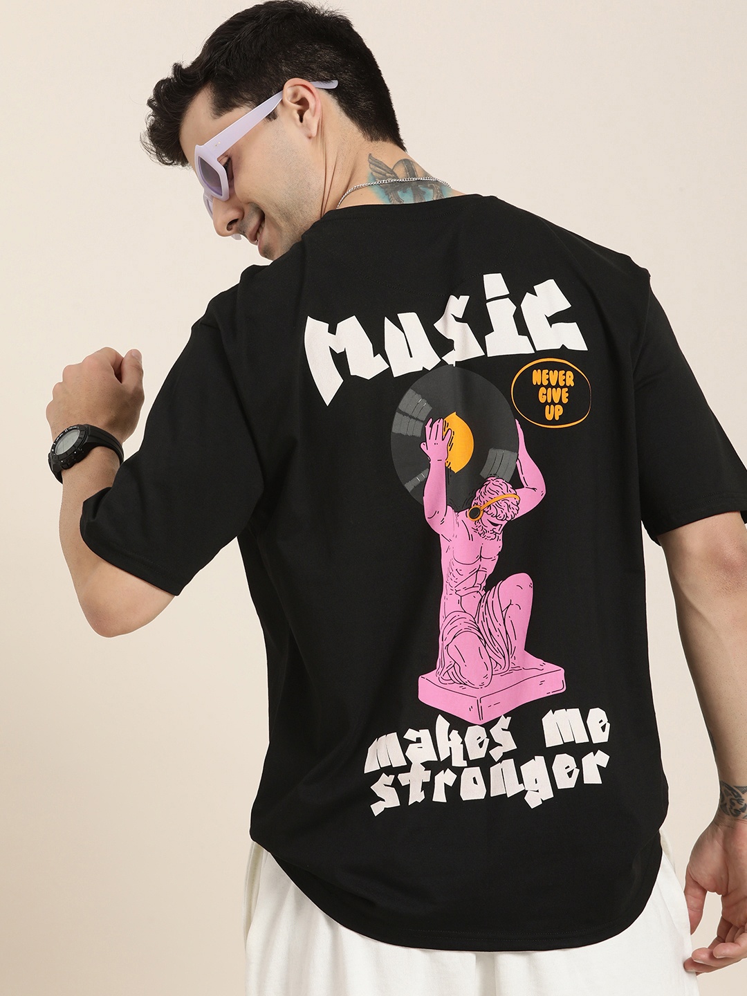 

HERE&NOW Pure Cotton Graphic Printed Drop-Shoulder Sleeves Oversized Casual T-shirt, Black
