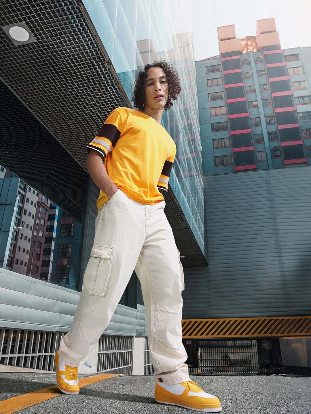 

HERE&NOW Solid Drop-Shoulder Sleeves Pure Cotton T-shirt, Yellow