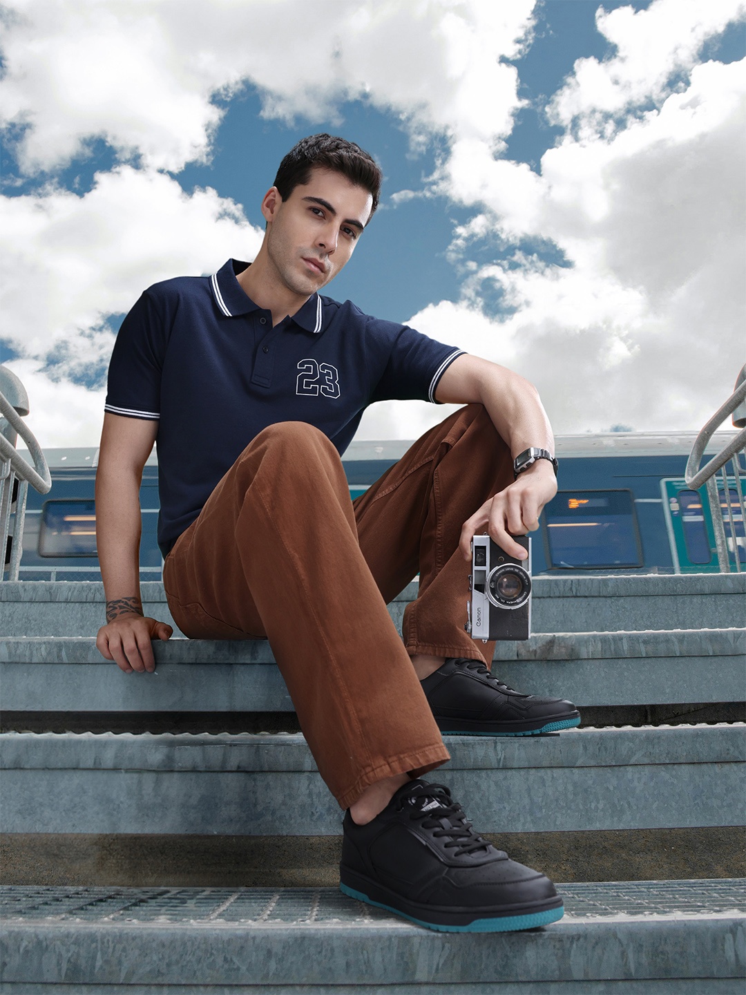 HERE&NOW Typography Printed Polo Collar Casual T-shirt, Navy blue