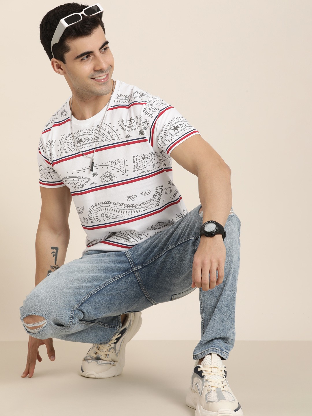 

HERE&NOW Pure Cotton Ethnic Printed Casual T-shirt, White