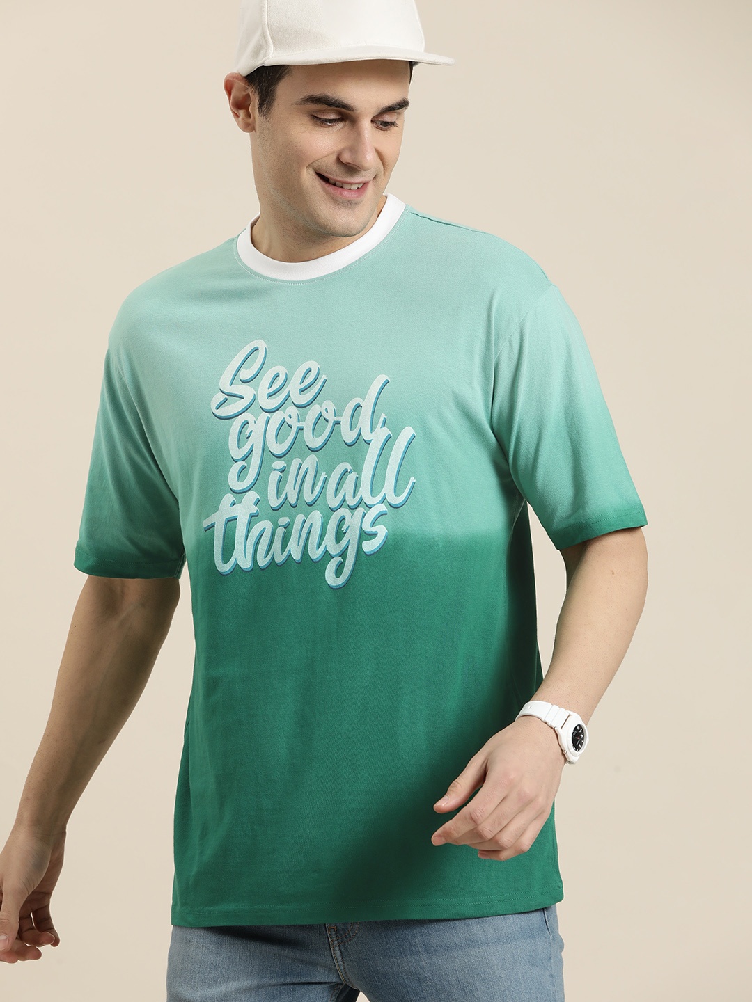 

HERE&NOW Typography Printed Drop-Shoulder Sleeves Pure Cotton T-shirt, Green