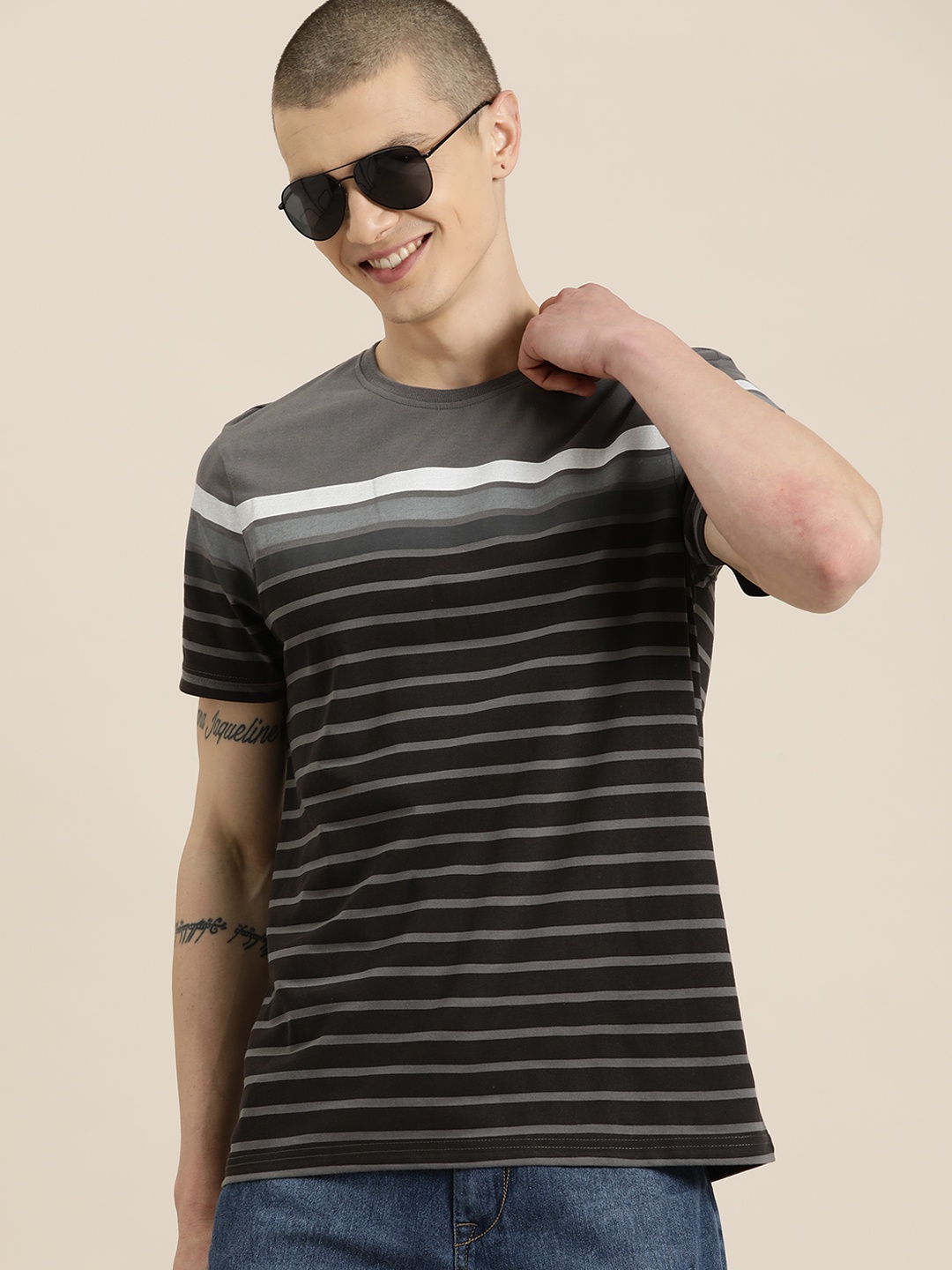 

HERE&NOW Men Striped T-shirt, Charcoal