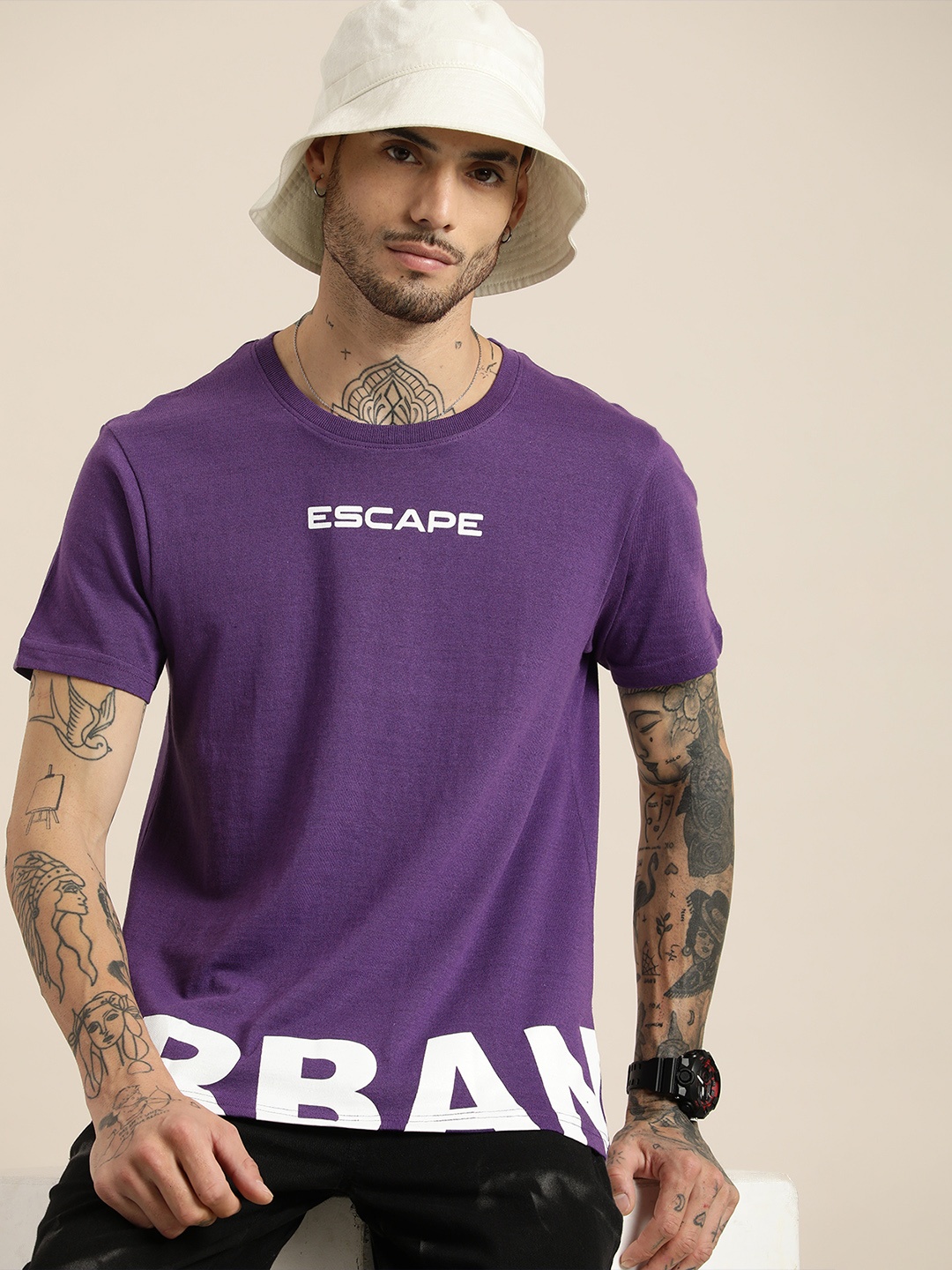 

HERE&NOW Round Neck Typography Printed Casual T-shirt, Purple