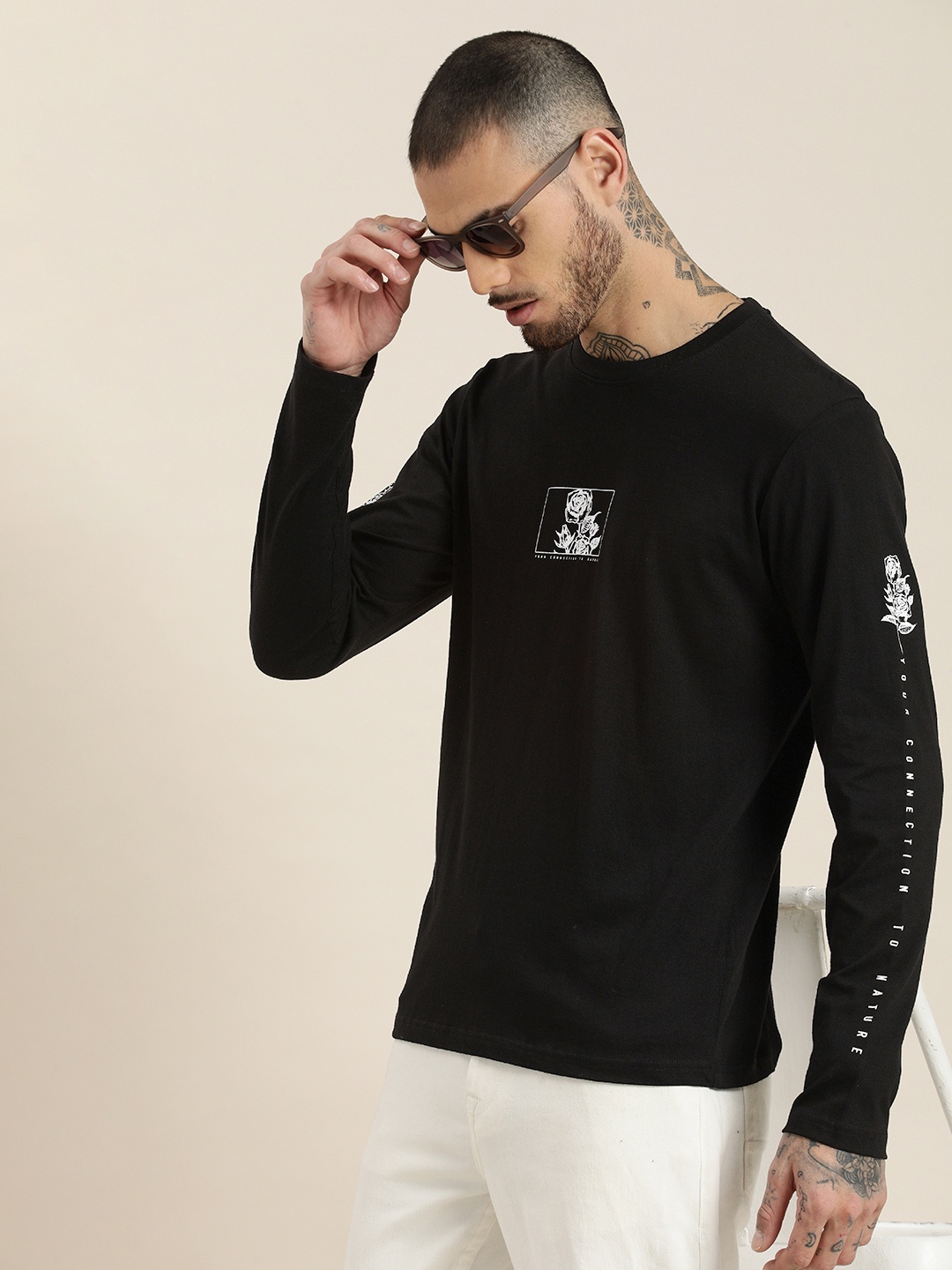 

HERE&NOW Long Sleeves Printed Pure Cotton T-shirt, Black
