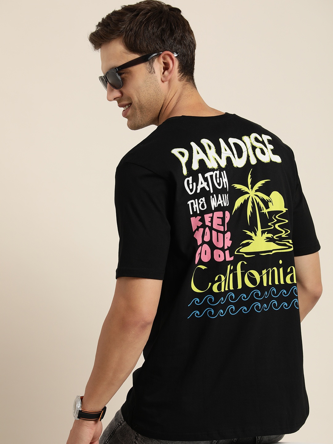 

HERE&NOW Typography Printed Drop-Shoulder Sleeves Pure Cotton Oversized T-shirt, Black
