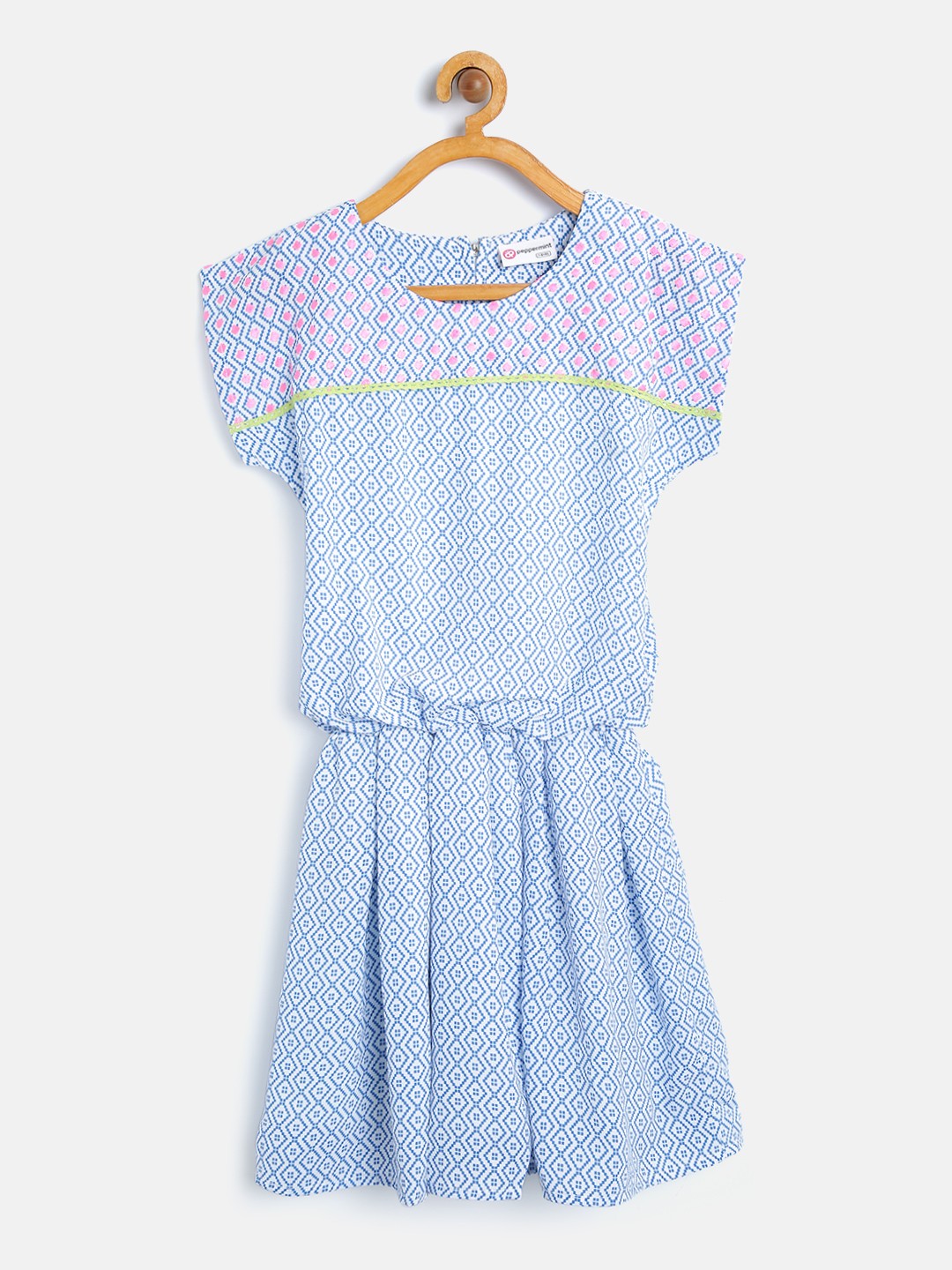 

Peppermint Girls White & Blue Printed Blouson Dress