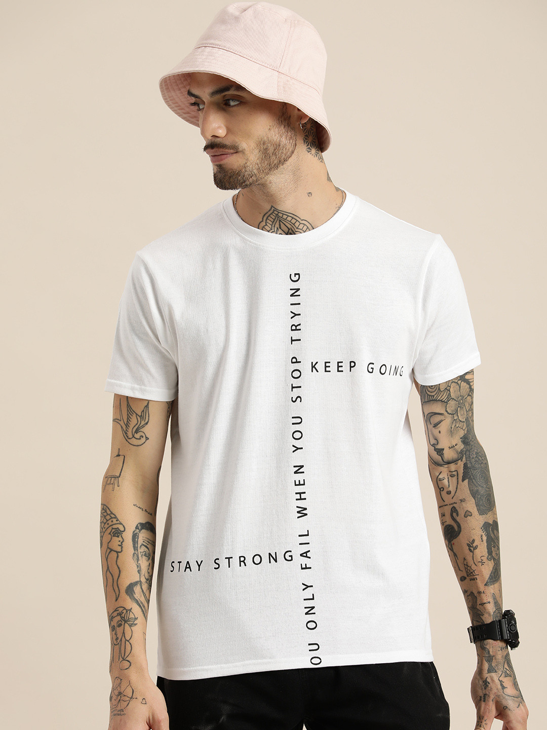

HERE&NOW Round Neck Typography Printed Casual T-shirt, White