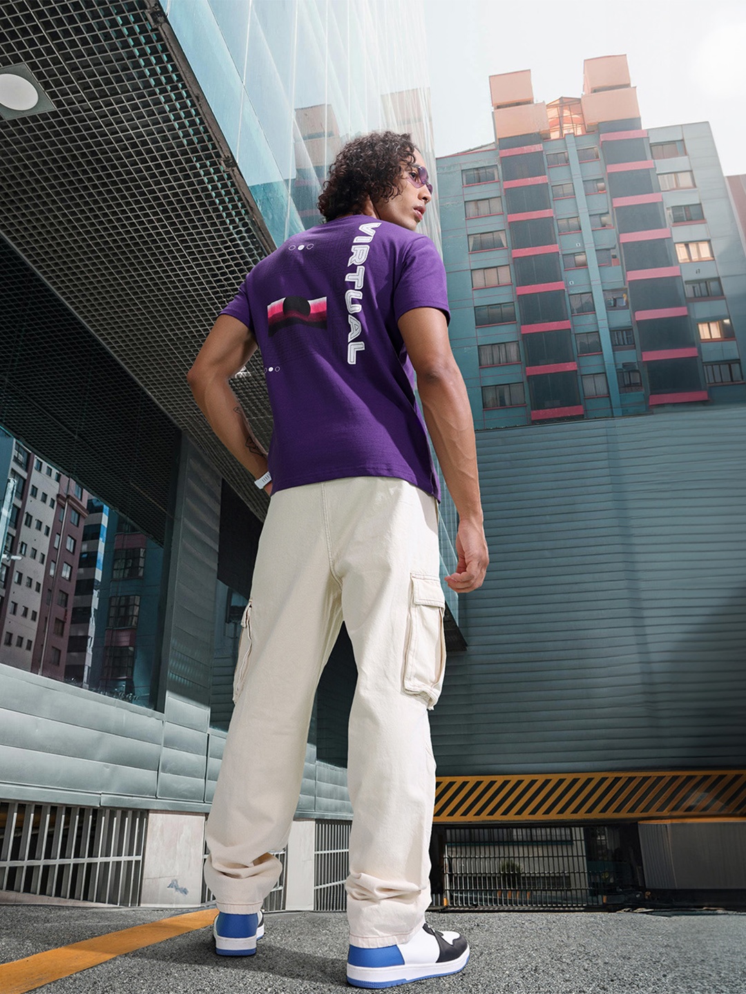 

HERE&NOW Round Neck Graphic Printed Casual T-shirt, Purple