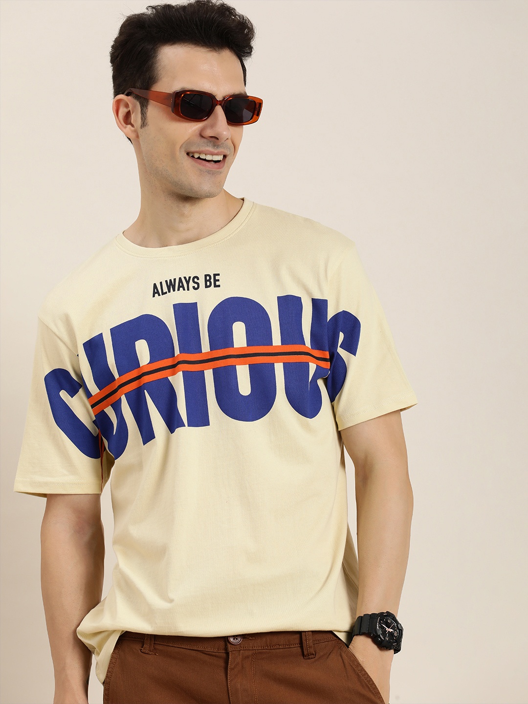 

HERE&NOW Graphic Printed Drop-Shoulder Sleeves Pure Cotton T-shirt, Beige