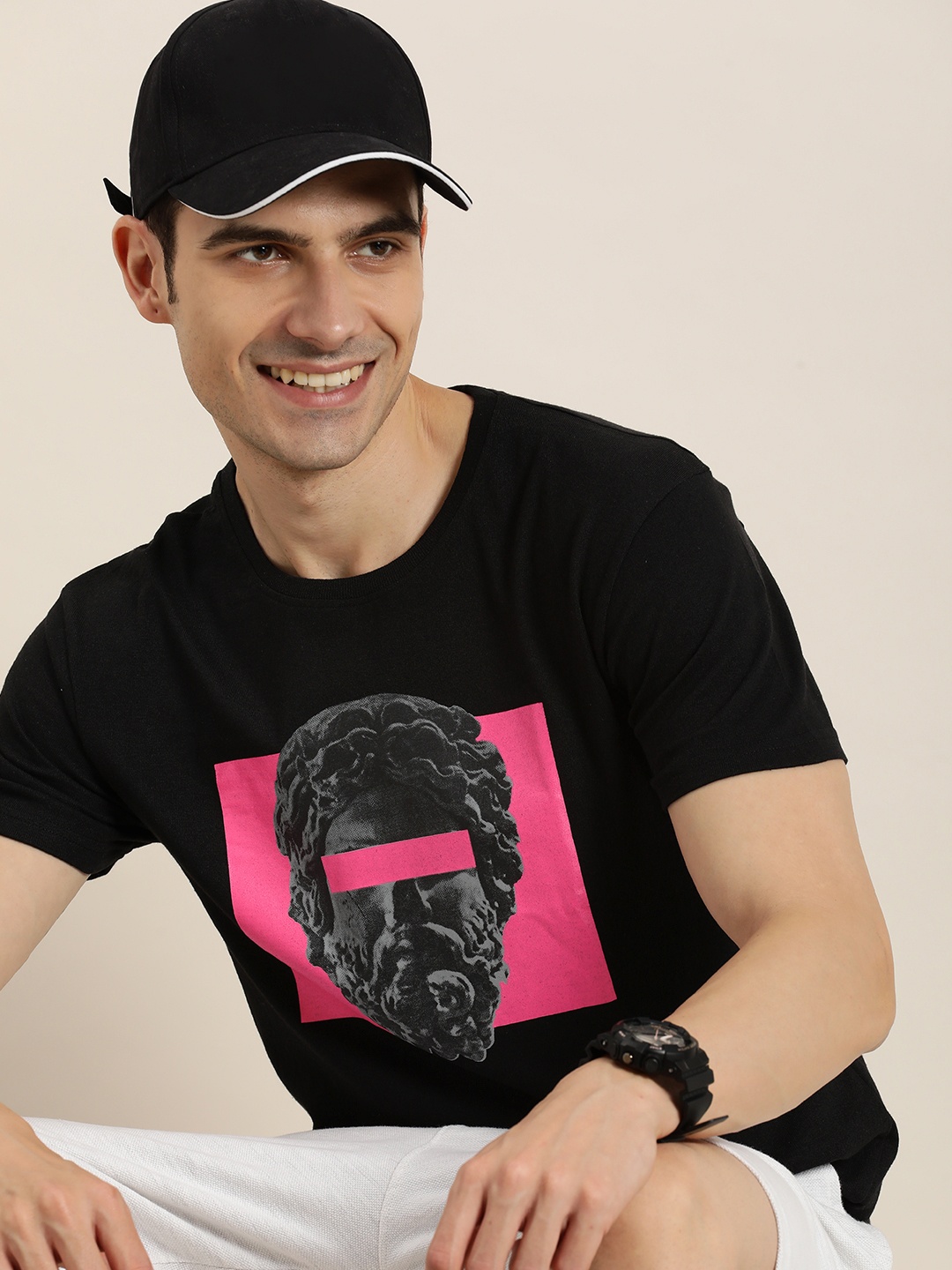

HERE&NOW Printed Pure Cotton T-shirt, Black