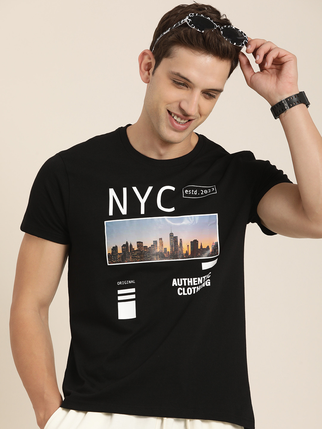

HERE&NOW Graphic Printed Pure Cotton T-shirt, Black