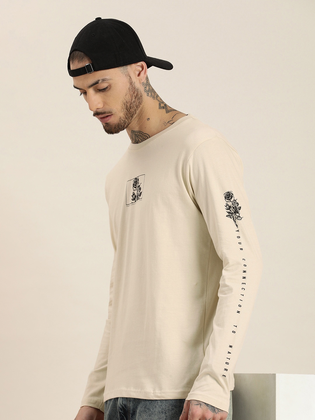 

HERE&NOW Long Sleeves Printed Pure Cotton T-shirt, Beige