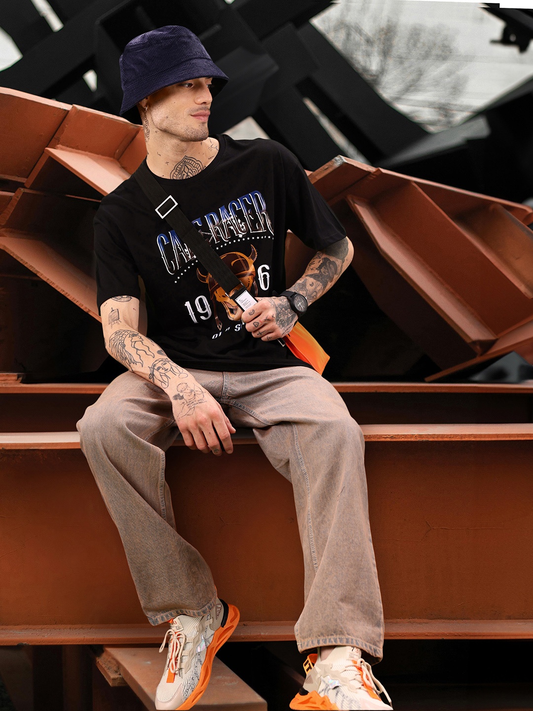 

HERE&NOW Printed Pure Cotton T-shirt, Black