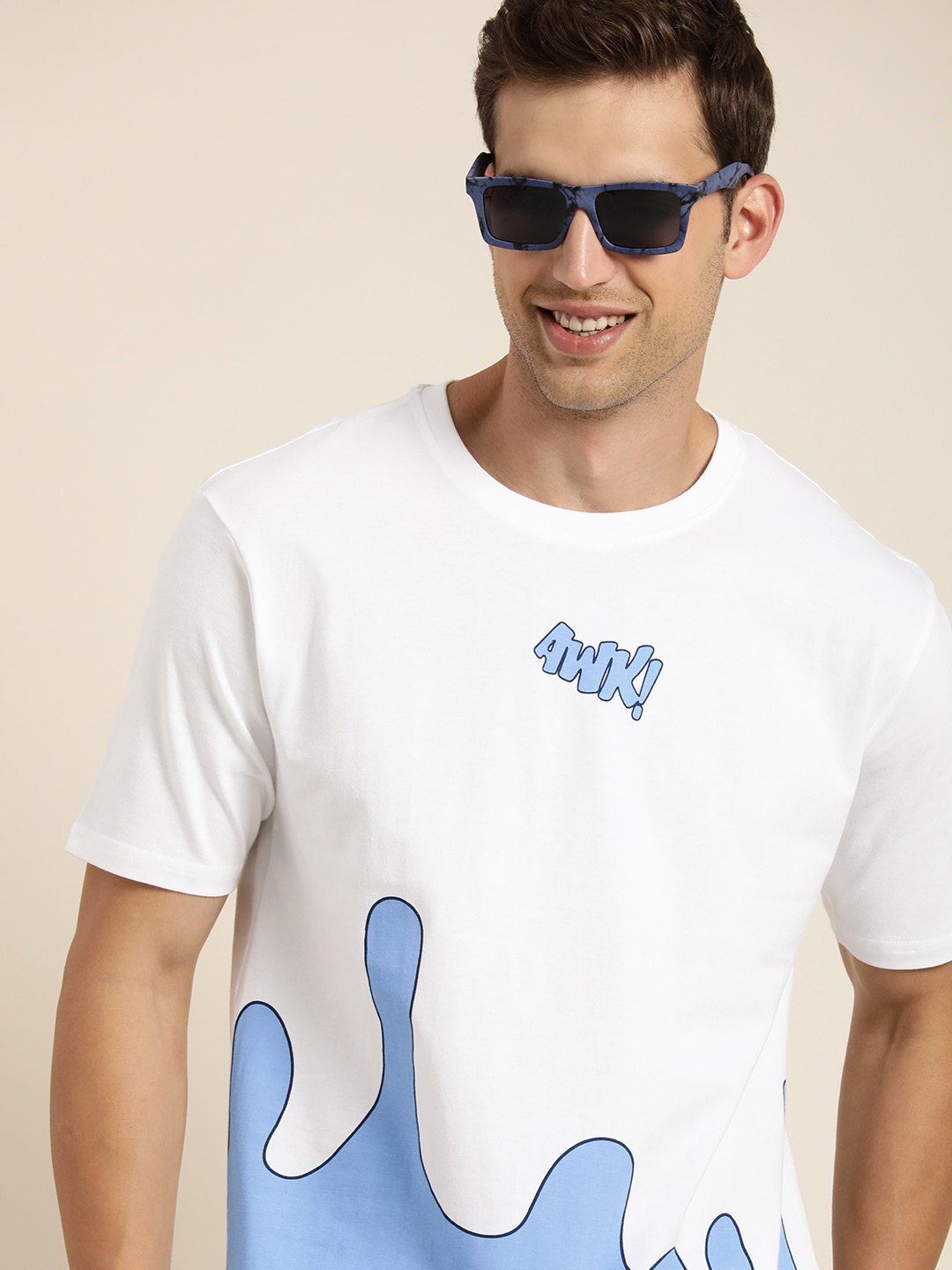 

HERE&NOW Graphic Printed Drop-Shoulder Sleeves Pure Cotton T-shirt, White