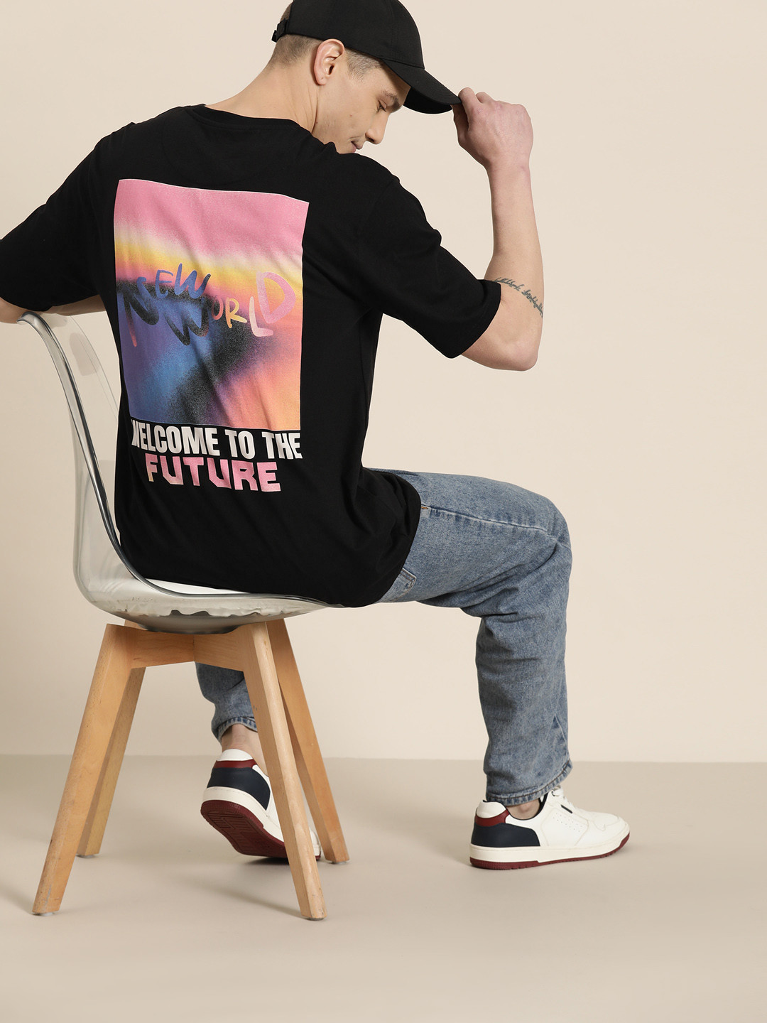 

HERE&NOW Typography Printed Drop-Shoulder Sleeves Pure Cotton T-shirt, Black