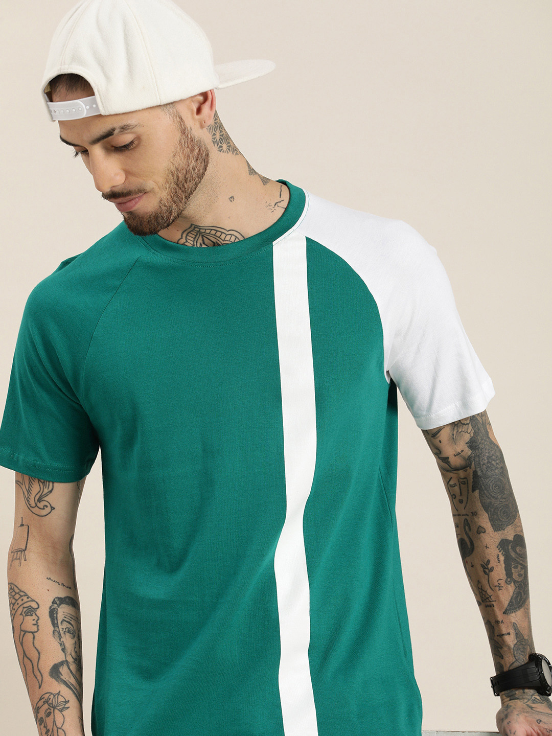 

HERE&NOW Raglan Sleeves Colourblocked Pure Cotton T-shirt, Teal