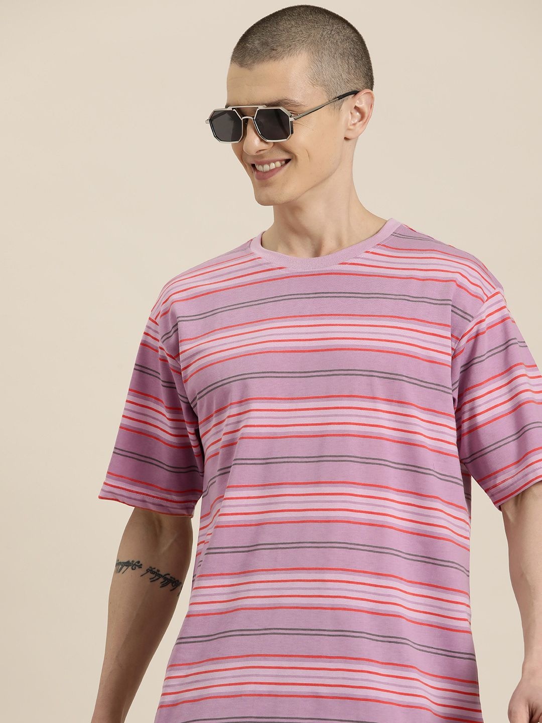 

HERE&NOW Striped Drop-Shoulder Sleeves Longline T-shirt, Mauve