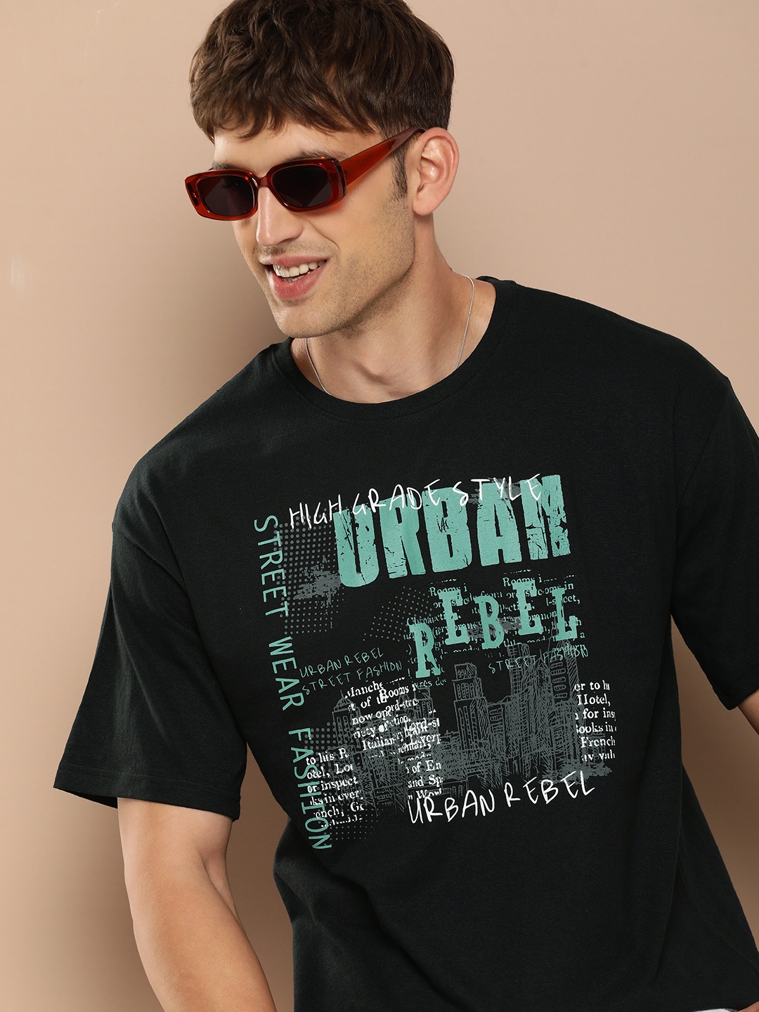 

HERE&NOW Men Typography Printed Pure Cotton T-shirt, Black