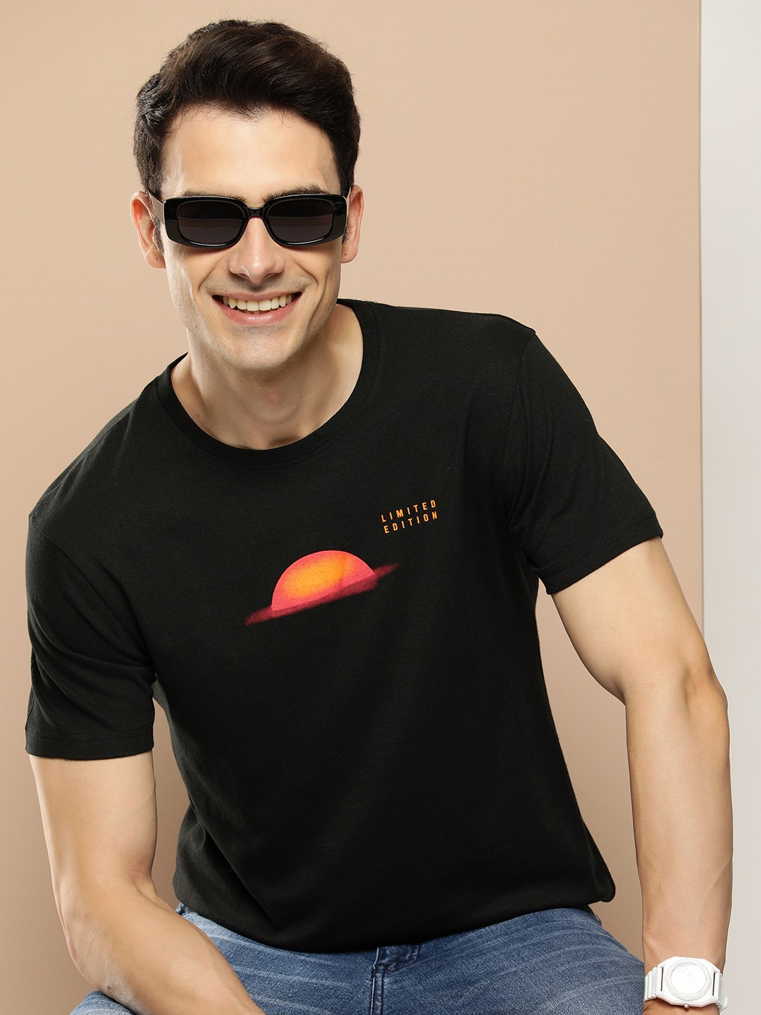 

HERE&NOW Graphic Printed Round-Neck Casual T-shirt, Black