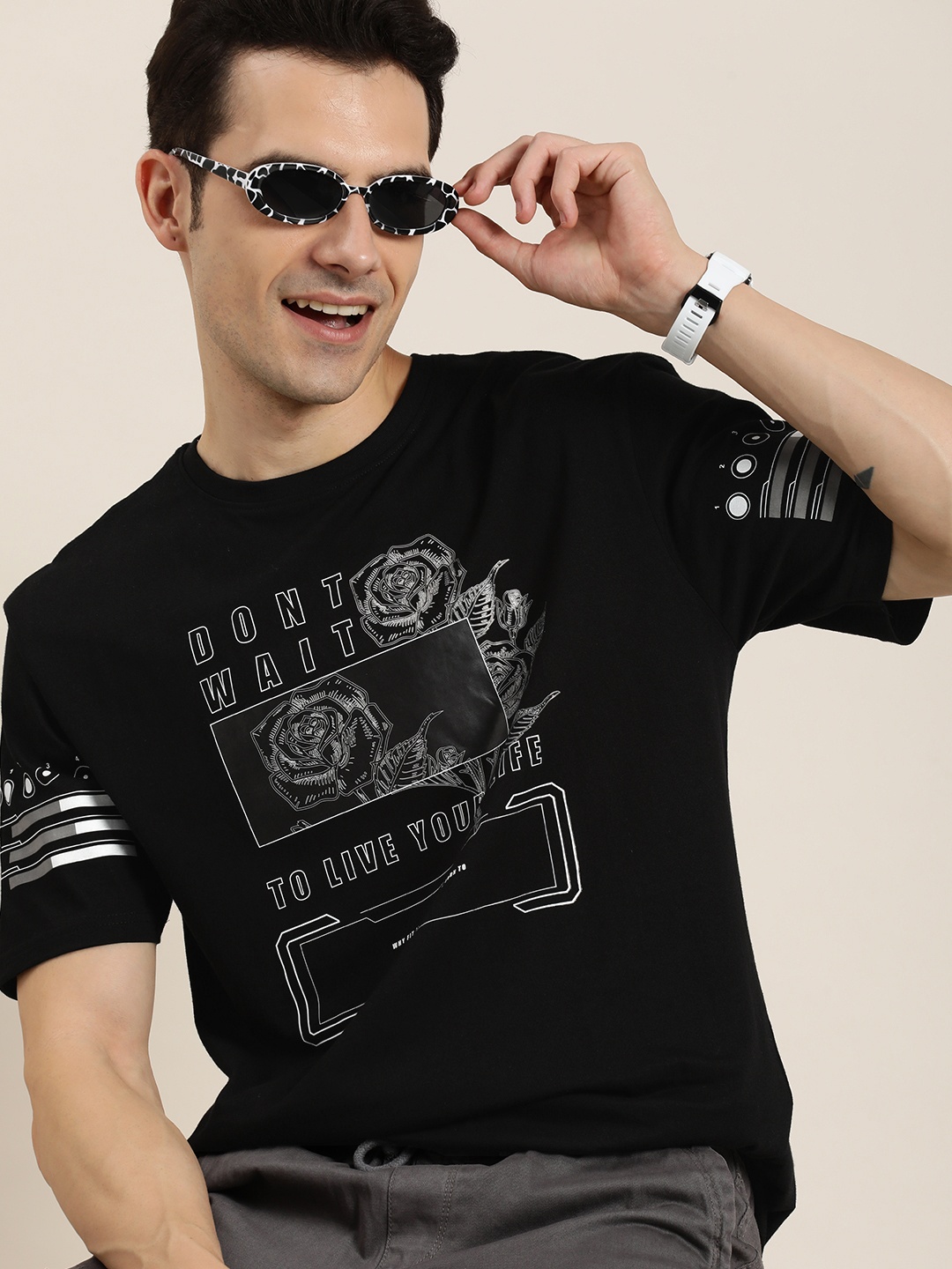 

HERE&NOW Graphic Printed Pure Cotton T-shirt, Black