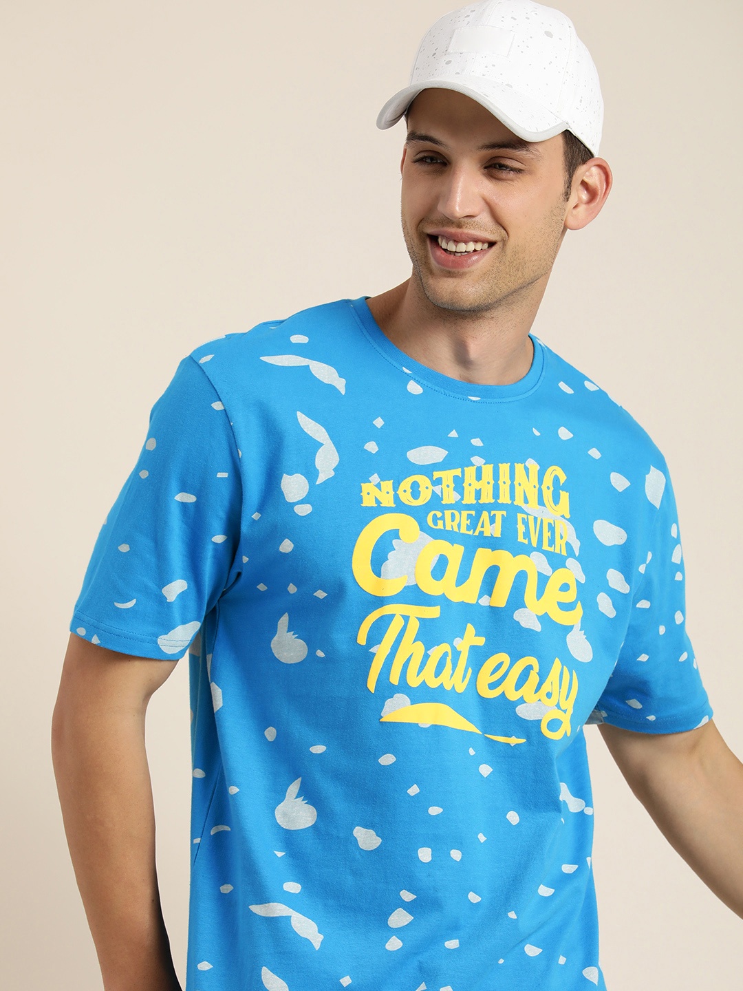 

HERE&NOW Typography Printed Drop-Shoulder Sleeves Pure Cotton T-shirt, Blue