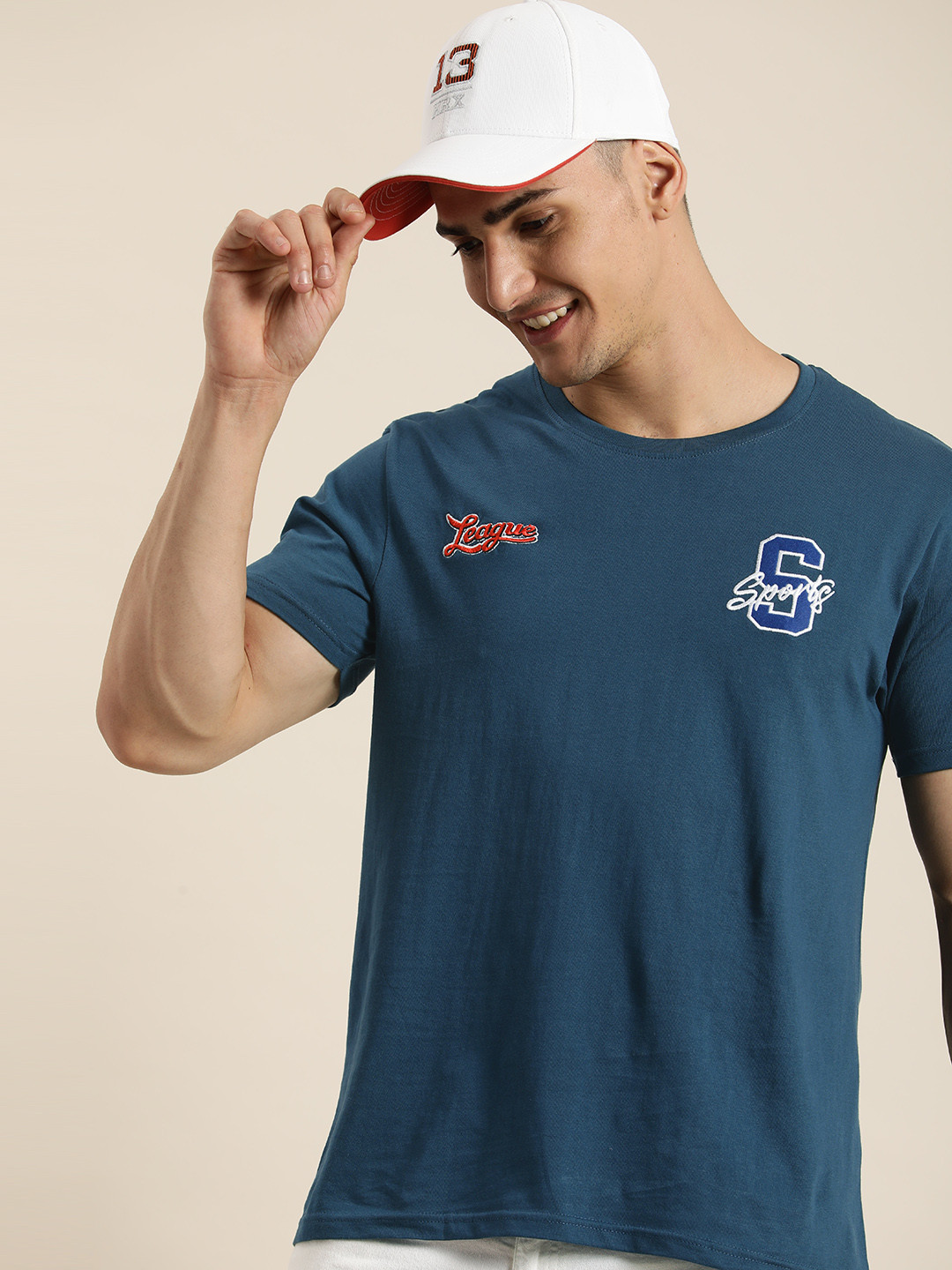 

HERE&NOW Men Typography Printed Pure Cotton T-shirt, Navy blue