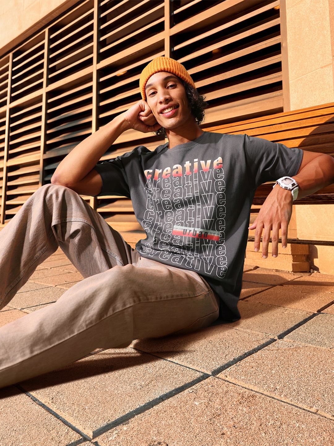 

HERE&NOW Typography Printed Pure Cotton Oversized T-shirt, Charcoal