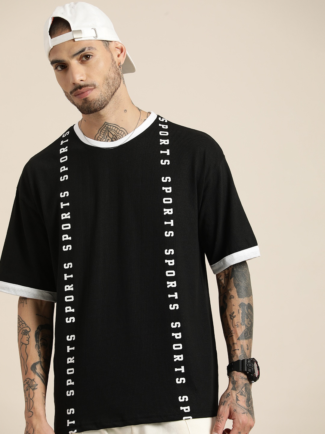 

HERE&NOW Typography Printed Drop-Shoulder Sleeves Casual T-shirt, Black