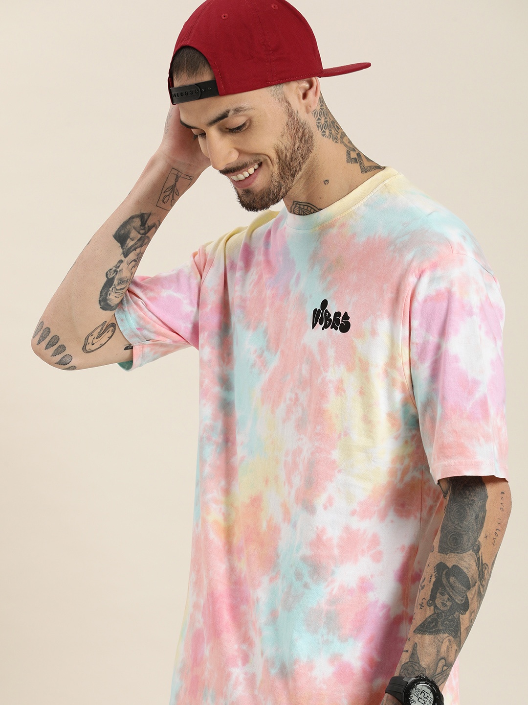 

HERE&NOW Tie and Dye Drop-Shoulder Sleeves Oversized Pure Cotton T-shirt, Multi