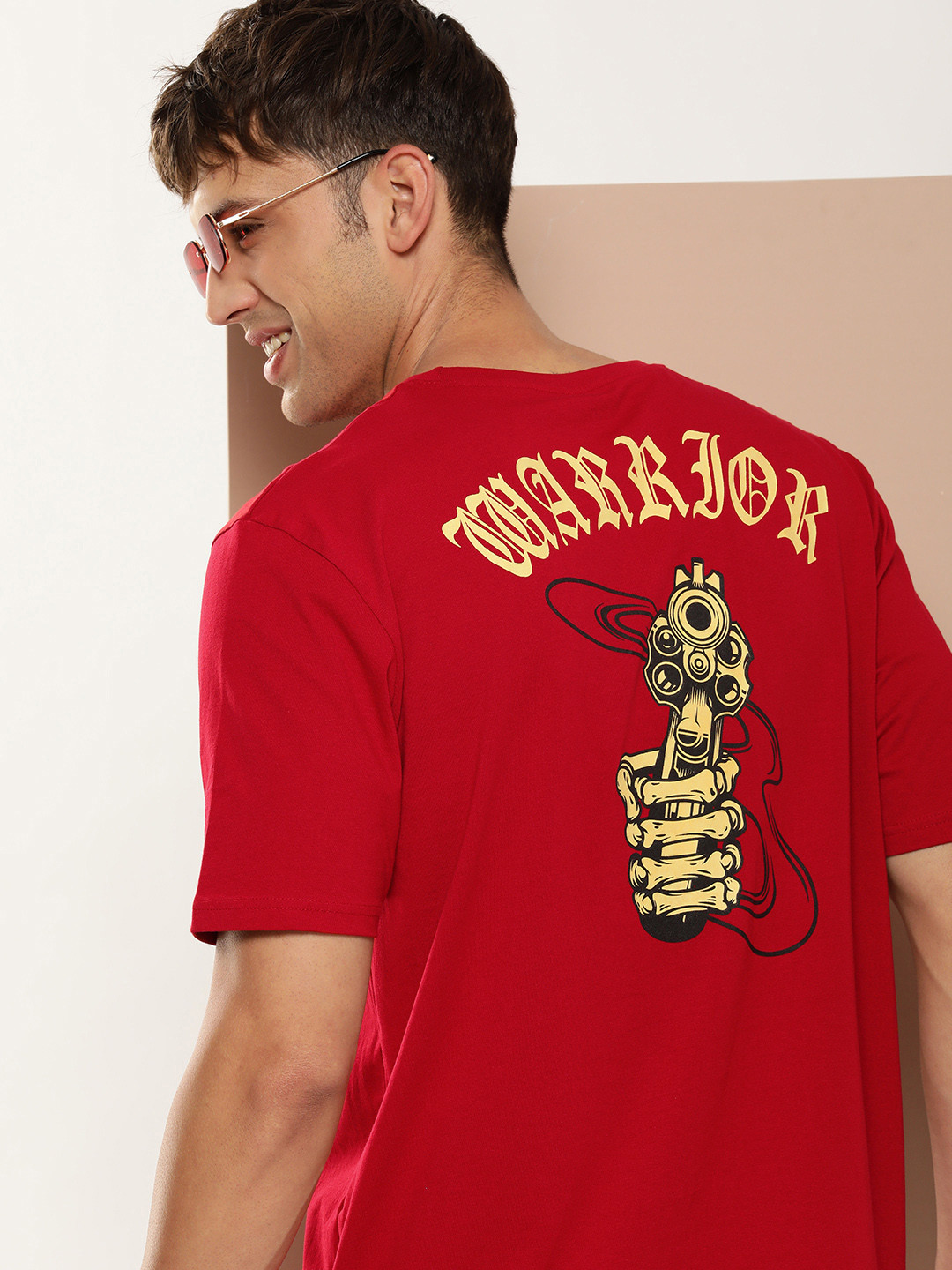 

HERE&NOW Graphic Printed Drop-Shoulder Sleeves Pure Cotton T-shirt, Red